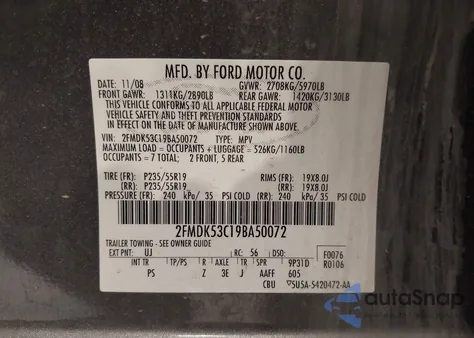 2009 Ford Flex Limited from USA, damaged, VIN 2FMDK53C19BA50072